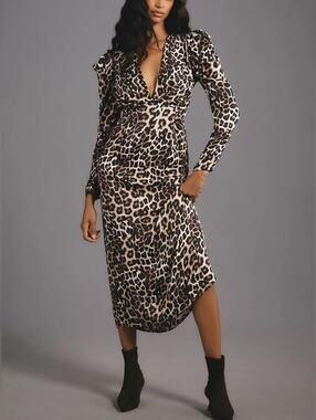FARM Rio Leopard Print Long Sleeve Midi Dress - Black, Brown, Cream